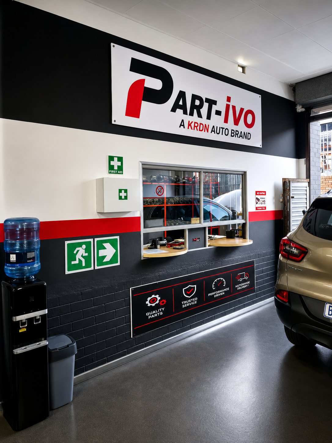 The Part-ivo trade counter at 4 Dinkelman Road, New Germany, with the Part-ivo — a KRDN Auto brand sign above the service window and a customer vehicle in the bay.