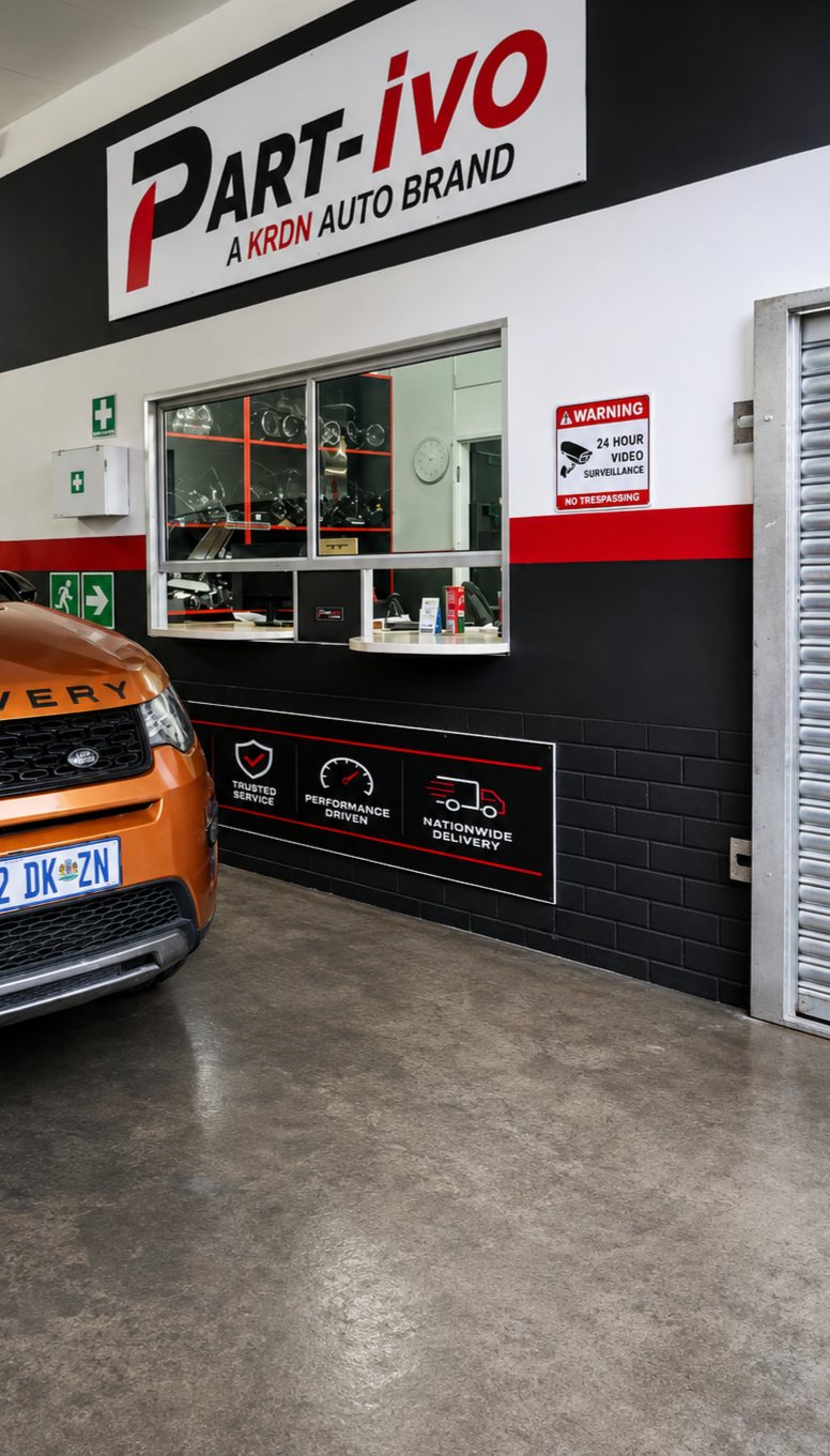 The Part-ivo parts counter and roller-shutter entrance, showing the Part-ivo signage and a vehicle waiting inside the workshop bay.